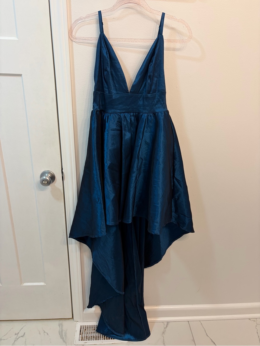 Symphony Teal Satin High Low Evening Dress